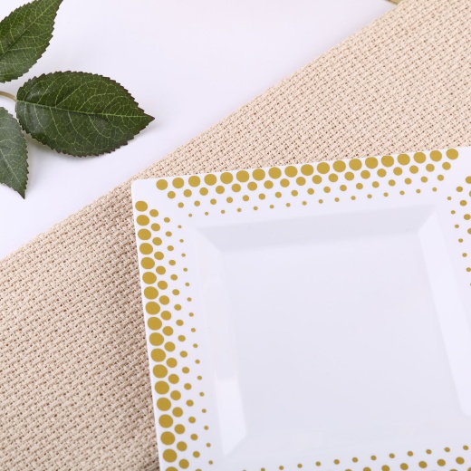 10 Pack Gold Polka Dot Rim White Square Plastic Dessert Plates