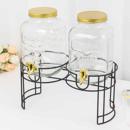 2 Pack Clear Dual Gallon Glass Beverage Dispenser Stand With Gold