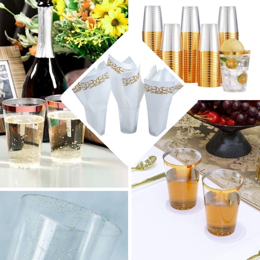 25 Pack Clear Crystal Collection Plastic Disposable Cups With Gold Rim 10Oz