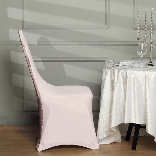 Blush Spandex Stretch Banquet Chair Cover, Fitted with Metallic Shimmer  Tinsel Back