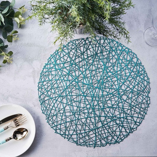 fort Gelukkig Editor 6 Pack | 15" Turquoise Decorative Woven Vinyl Placemats, Non-Slip Round Table  Mats
