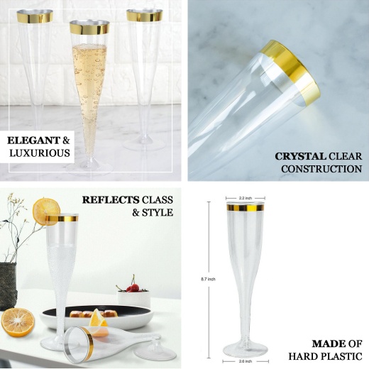 12 Pack  4 Gold Stem Clear Plastic Mini Champagne Flute Glasses