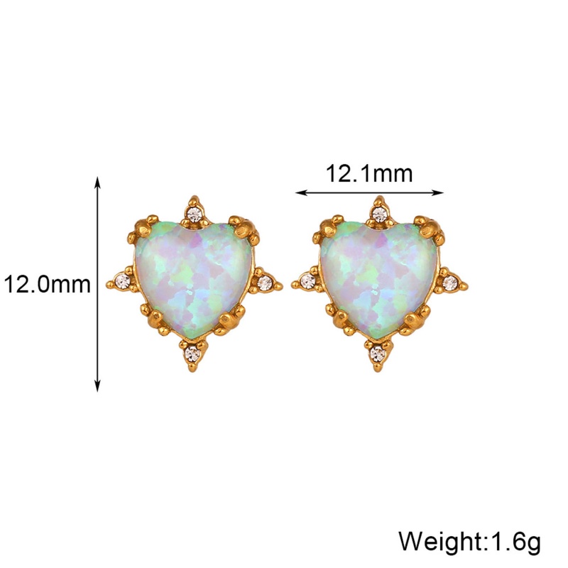 Hypoallergenic Exquisite Retro 18K Real Gold Plated 304 Stainless Steel & Opal Heart Ear Post Stud Earrings For Women Party 1.2Cm X 1.2Cm, 1 Pair