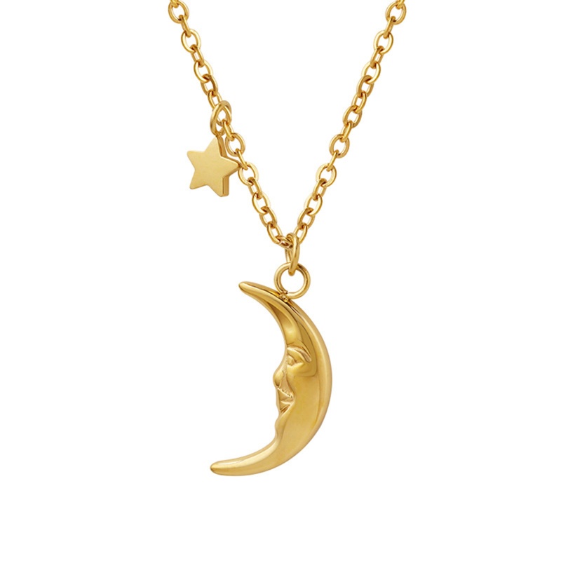 Eco-Friendly Simple & Casual Galaxy 18K Real Gold Plated 304 Stainless Steel Link Cable Chain Pentagram Star Moon Face Pendant Necklace For Women 40Cm(15 6/8") Long, 1 Piece