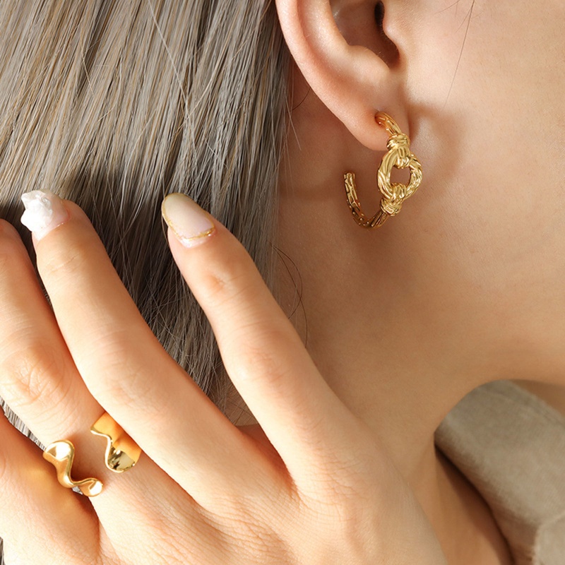 Eco-Friendly Exquisite Stylish 18K Real Gold Plated 304 Stainless Steel Knot Hoop Earrings For Women 24Mm X 21Mm, 1 Pair