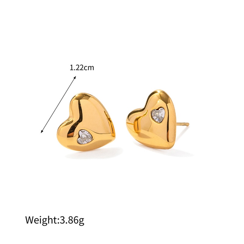 Eco-Friendly Vacuum Plating Simple & Casual Stylish 18K Gold Color 304 Stainless Steel & Rhinestone Heart Ear Post Stud Earrings For Women Anniversary 1.2Cm X 1Cm, 1 Pair