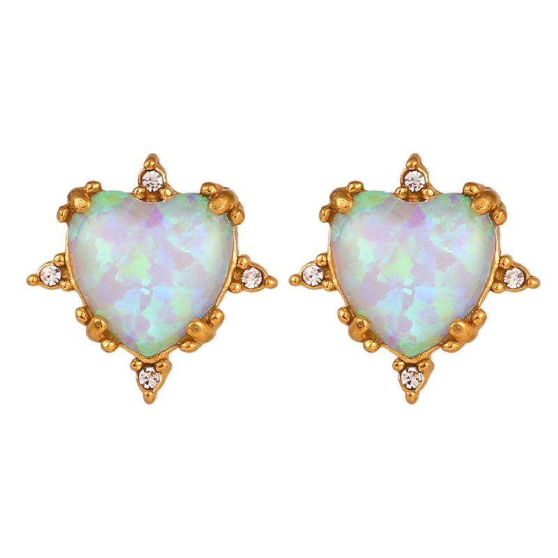 Hypoallergenic Exquisite Retro 18K Real Gold Plated 304 Stainless Steel & Opal Heart Ear Post Stud Earrings For Women Party 1.2Cm X 1.2Cm, 1 Pair