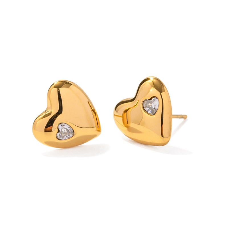 Eco-Friendly Vacuum Plating Simple & Casual Stylish 18K Gold Color 304 Stainless Steel & Rhinestone Heart Ear Post Stud Earrings For Women Anniversary 1.2Cm X 1Cm, 1 Pair