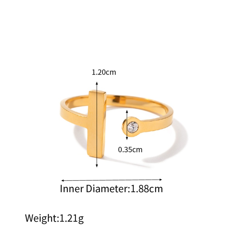 Eco-Friendly Vacuum Plating Stylish Retro 18K Real Gold Plated 304 Stainless Steel & Rhinestone Open T-Shaped Rings For Women Party 18Mm(Us Size 7.75), 1 Piece