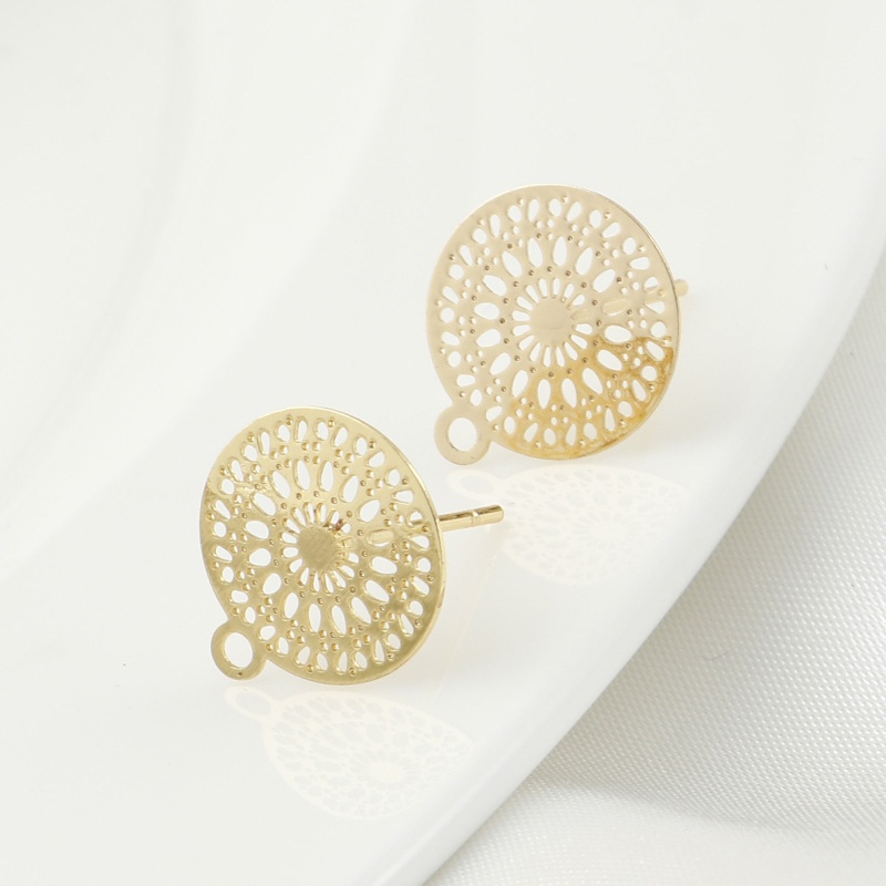 Copper Filigree Stamping Earring Accessories Real Gold Plated Round W/ Loop 14Mm X 12Mm, Post/ Wire Size: (21 Gauge), 6 Pcs