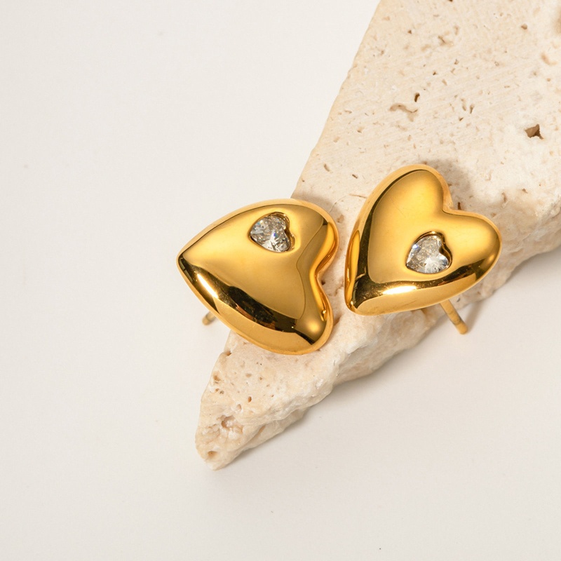 Eco-Friendly Vacuum Plating Simple & Casual Stylish 18K Gold Color 304 Stainless Steel & Rhinestone Heart Ear Post Stud Earrings For Women Anniversary 1.2Cm X 1Cm, 1 Pair