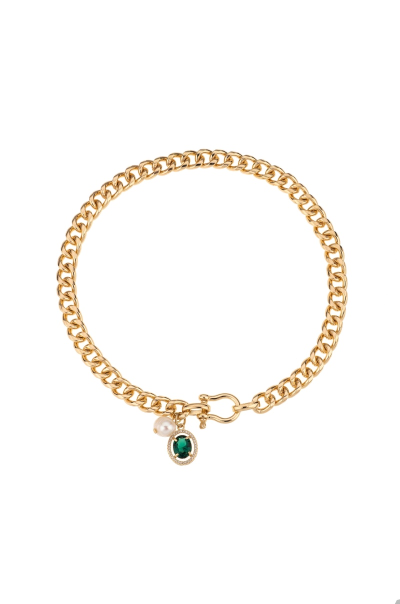 Charming Links 18K Gold Plated Necklace, Material: Green Crystals