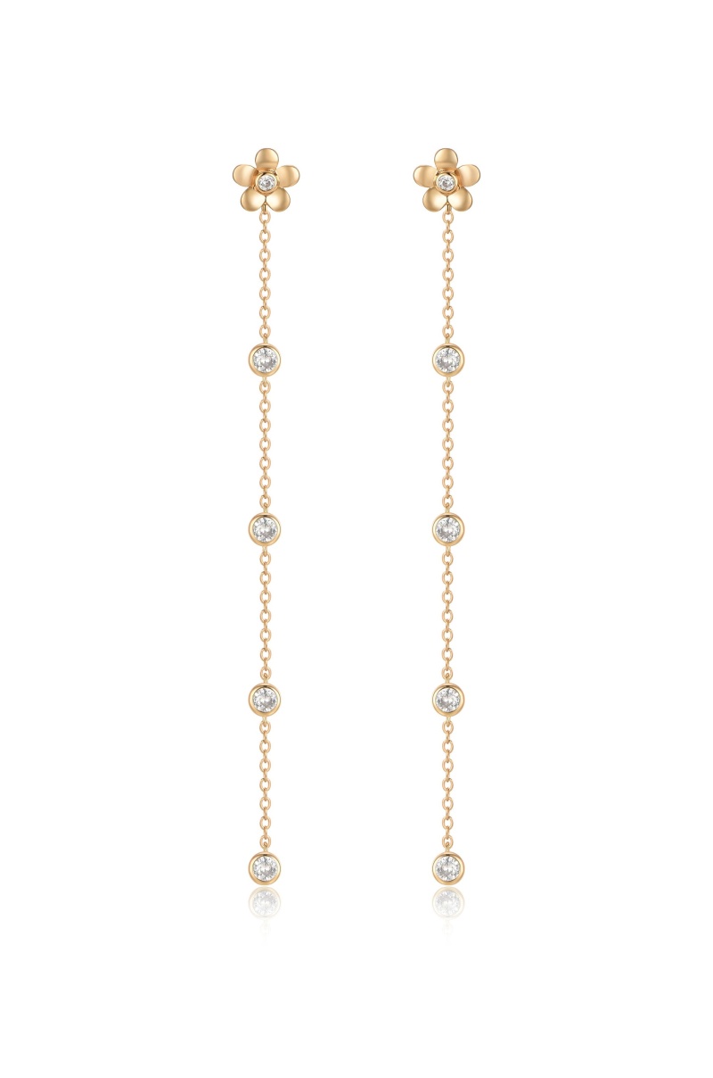 Single Flower Linear Dangle 18K Gold Plated Earrings, Material: Clear Crystals
