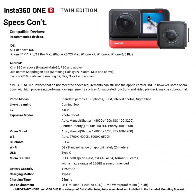 Insta360 One R Twin Edition Bundle Includes Carry Case, Extra Battery, Fast Charge Hub, 128Gb Memory Card & Selfie Stick (6 Items)