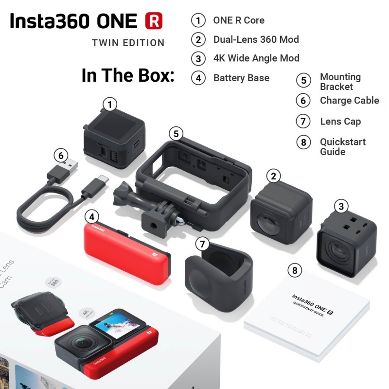 Insta360 One R Twin Edition Bundle Includes Carry Case, Extra Battery, Fast Charge Hub, 128Gb Memory Card & Selfie Stick (6 Items)