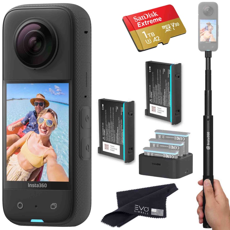Insta360 X3 - Waterproof 360 Action Camera Bundle Includes Extra 2 Batteries, Charger, Invisible Selfie Stick & Memory Card