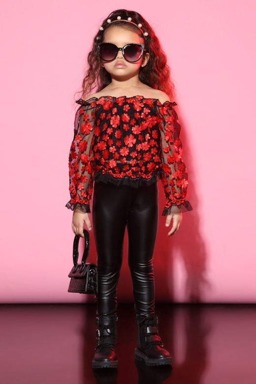 Mini Tessa Off Shoulder Embroidered Top - Black/Red