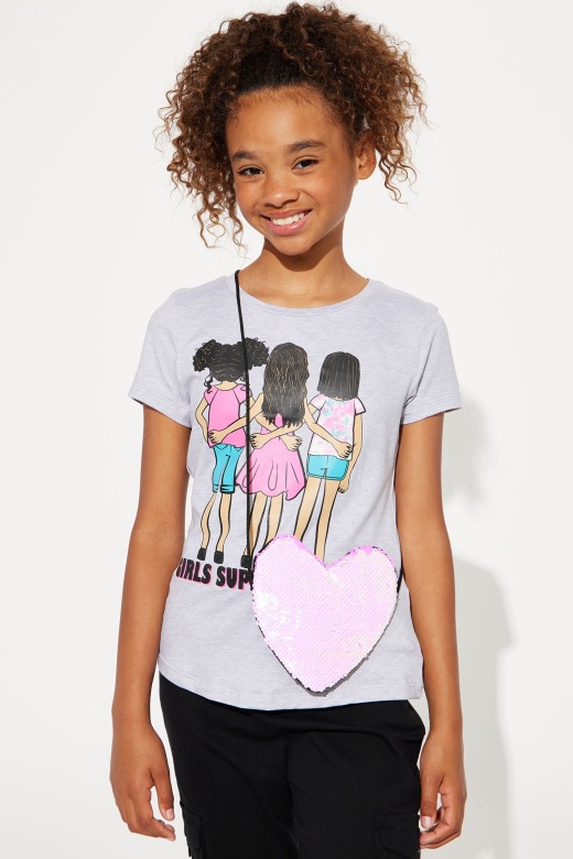 Mini Love My Friends Tie Front Tee With Handbag - Heather Grey