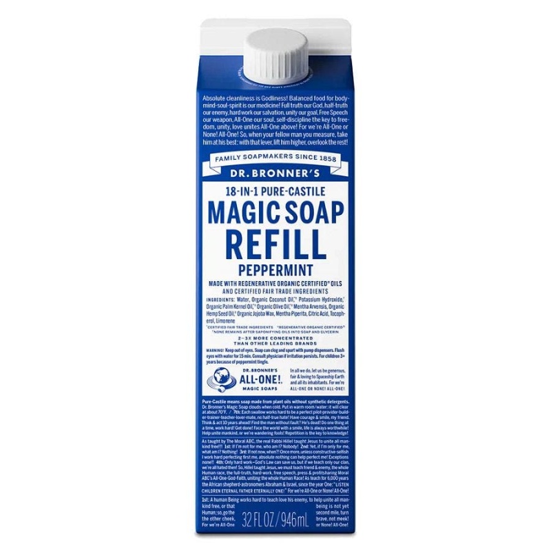 Dr. Bronner's 18-In-1 Pure-Castile Peppermint Magic Soap 32 Fl. Oz. Refill Carton