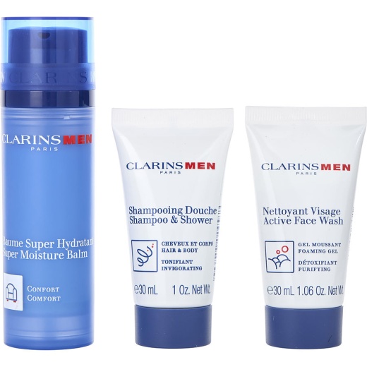 Clarins Men Super Moisture Balm 50Ml + Active Fash Wash 30Ml + Shampoo 30Ml Gift Set