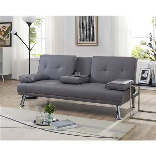 Modern Futon Sleep Sofa Bed Couch In Grey Faux Leather With Cup Holder