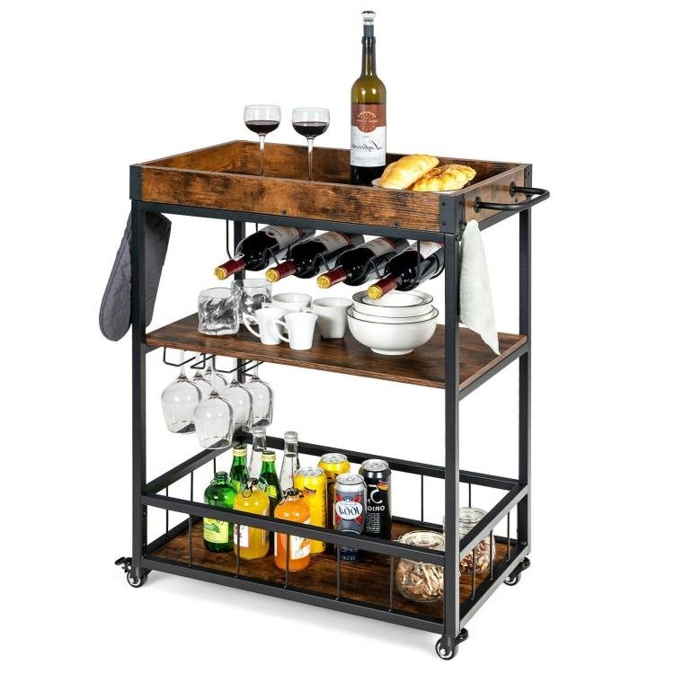 Modern Industrial Metal Wood Rolling Kitchen Wine Rack Bar Serving Cart