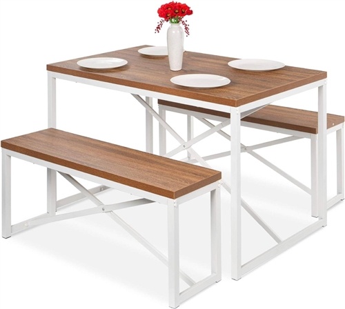 Modern 3-Piece Dining Set Wood Top White Metal Frame Table And 2 Bench Chairs