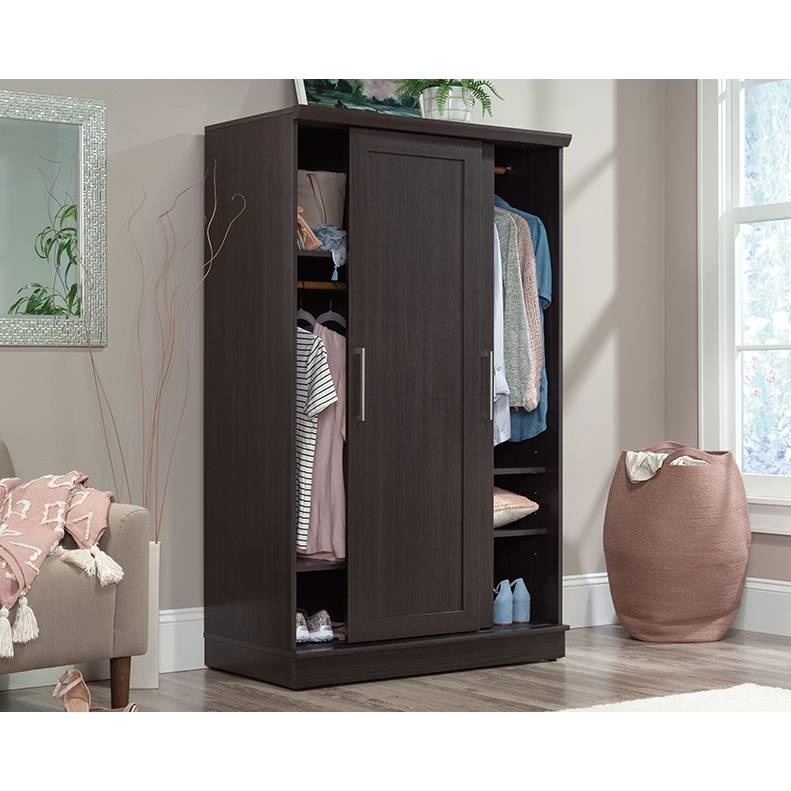 Farmhouse Espresso Oak Sliding Doors Garment Rod Wardrobe Armoire