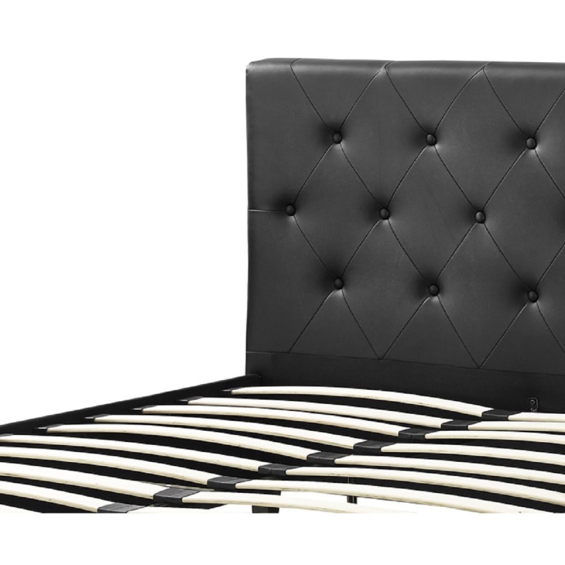 Queen Size Black Faux Leather Upholstered Platform Bed With Button Tufted Headboard