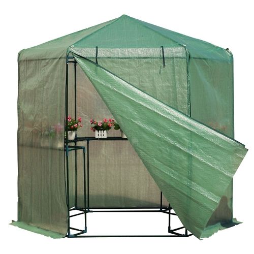 Outdoor Hexagon Greenhouse 6.5 X 7 Ft With Steel Frame Pe Cover And Shelves