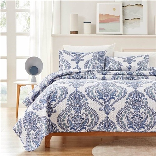 Full/Queen Size Soft Microfiber Reversible Blue/White Baroque