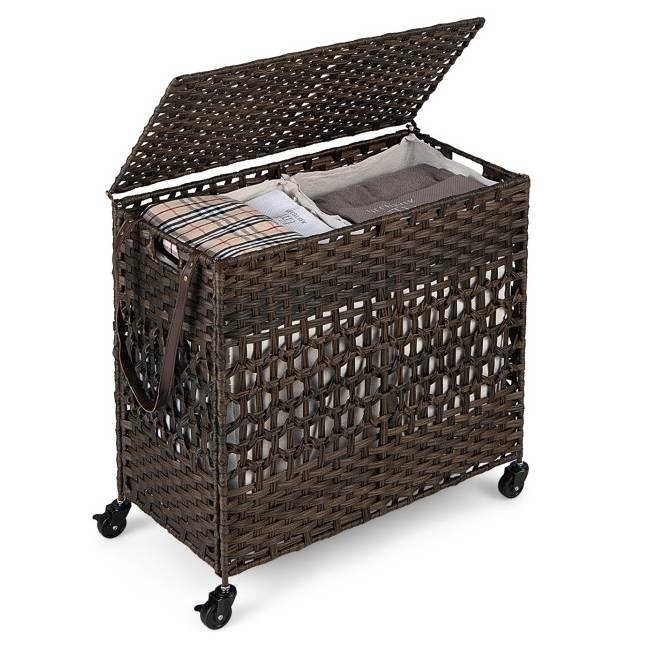 Brown Pe Wicker Rattan 2 Section Rolling Laundry Hamper With Removeable Bags