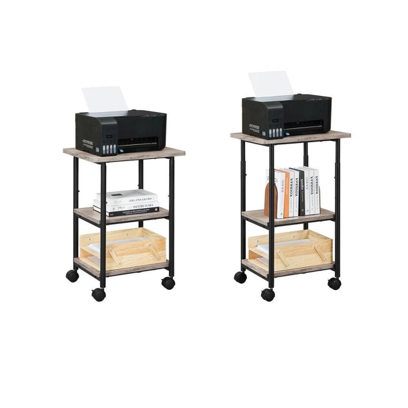 Modern Industrial Black Metal Grey Wood Printer Stand Shelf Cart