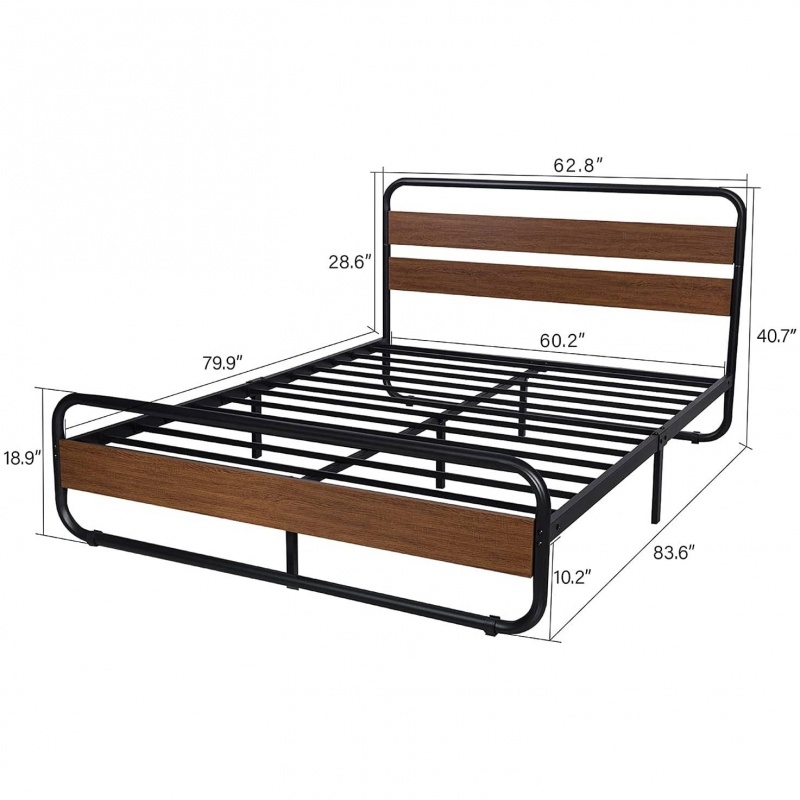 Queen Heavy Duty Modern Industrial Metal Wood Platform Bed Frame With