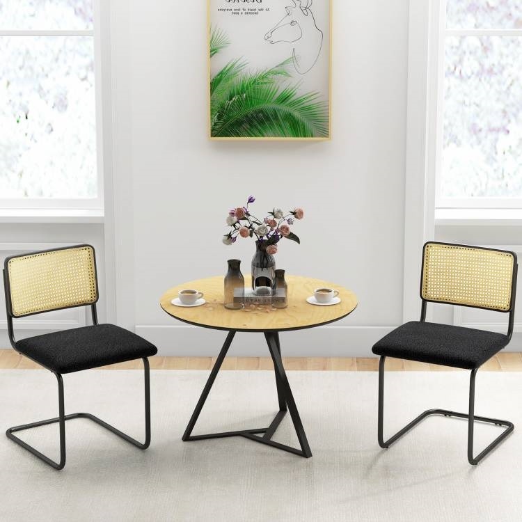 Set Of 2 - Modern Mid-Century Black Dining Chair With Beige Rattan Backrest