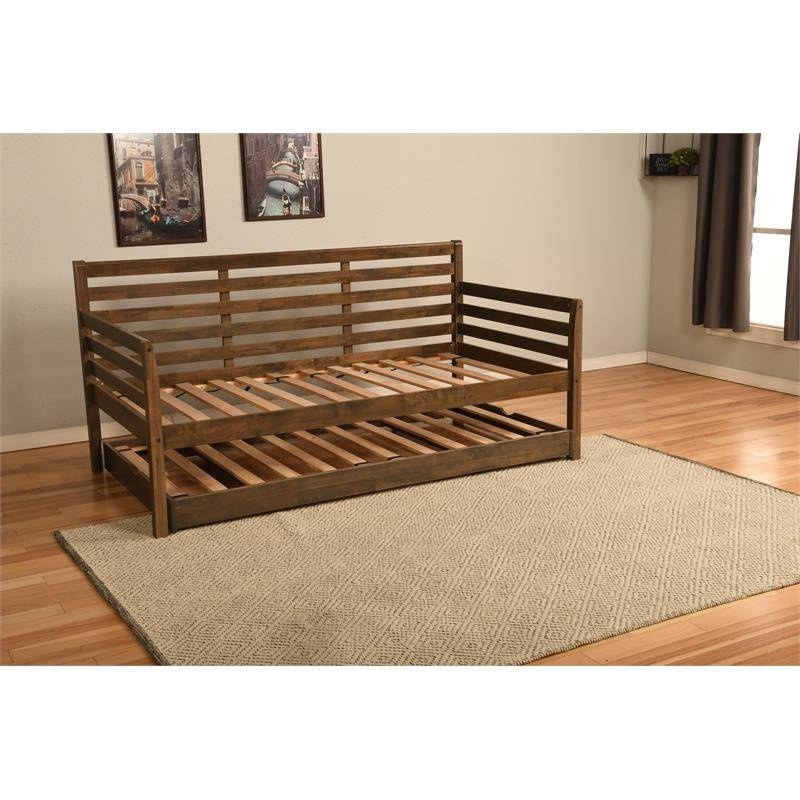 Solid Wood Daybed Frame With Twin Pop-Up Trundle Bed In Walnut Finish