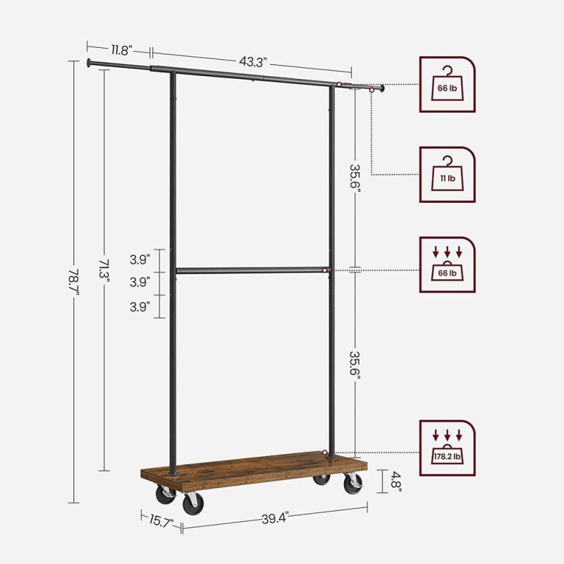 Industrial Style Clothing Garment Rack Double Clothes Hanging Bar On Wheels