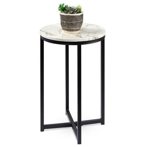 Round Cross Leg Design Coffee Side Table Nightstand With Faux Marble Top White/Matte Black