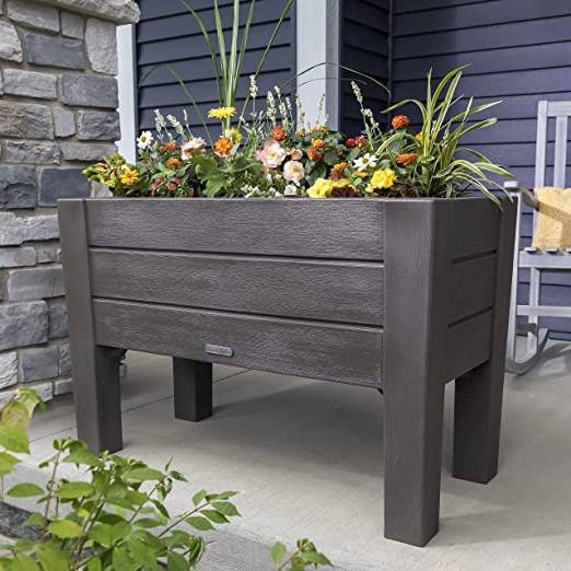 Espresso Raised Rectangular Plastic Planter Box W/ Removeable Trays