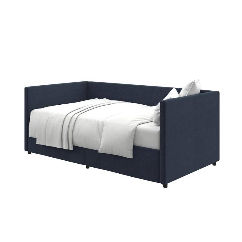 Navy Blue Linen Upholstered Daybed With PullOut Storage Drawers
