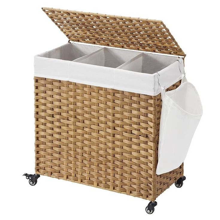 Handwoven Pp Wicker 3-Section Laundry Basket Cart With Cotton Liner On Wheels