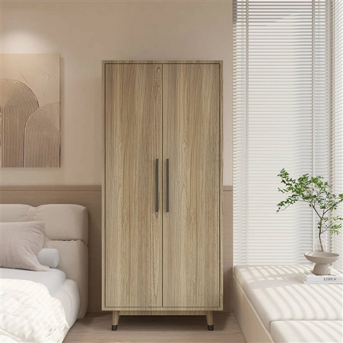 Mid-Century Modern 2-Door Bedroom Armoire Wardrobe Cabinet In Oak Wood Finish