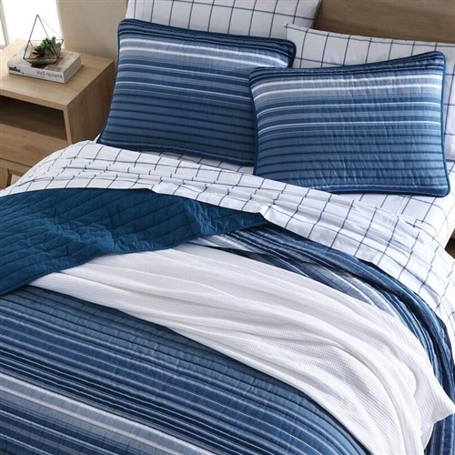 Coastal Blue Stripe Reversible Cotton Quilt Set - King Size