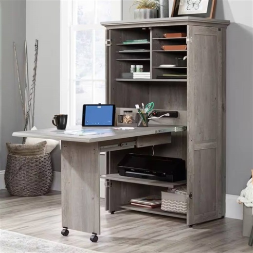 Armoire With Drop Leaf Laptop Desk Craft Table In Grey Oak Finish - Made In Usa
