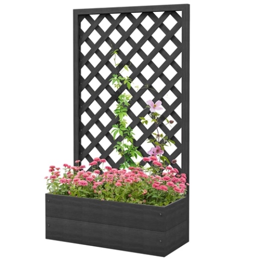 Outdoor Black Wooden Raised Garden Bed Planter Box With Lattice Trellis