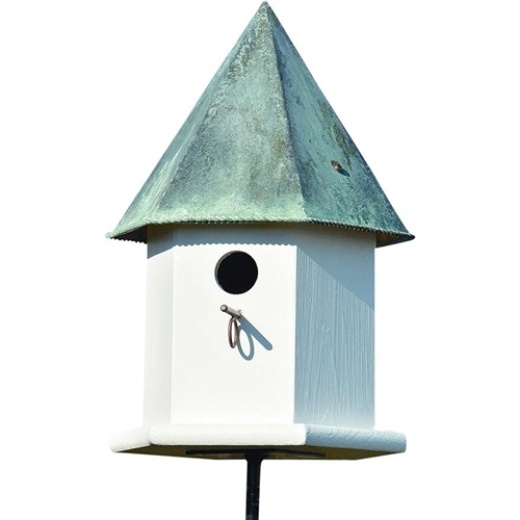 White Octagonal Bird House With Verdigris Copper Roof - Made In Usa