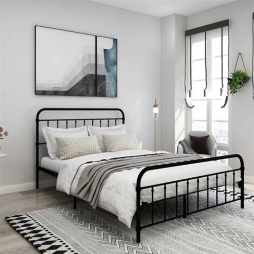 Queen Classic Farmhouse Black Metal Bed Frame With Rounded Headboard Footboard