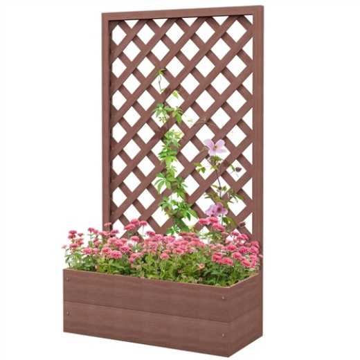 Outdoor Brown Wooden Raised Garden Bed Planter Box With Lattice Trellis