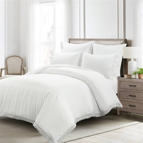King Size White 5-Piece Lightweight Polyester Comforter Set With Lace Trim