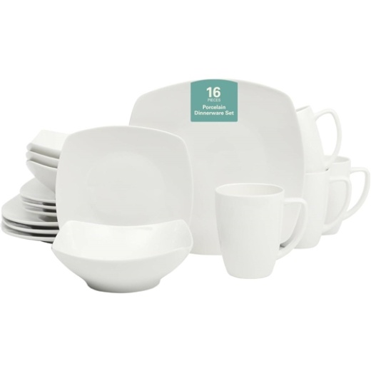 16 Pieces - White Square Porcelain Dinnerware Set - Service For 4